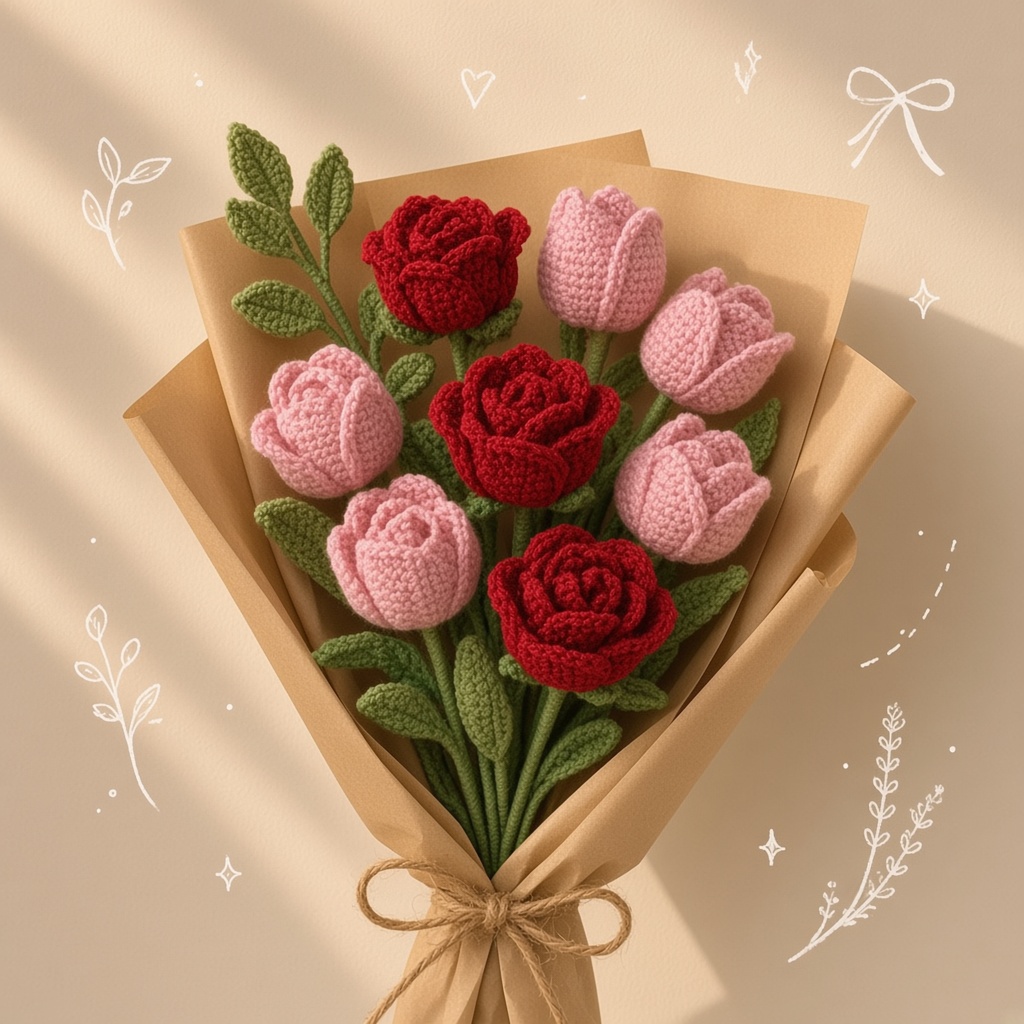 Handmade crochet Rose & Tulips (mid) by Moss & Yarn, Bhubaneswar