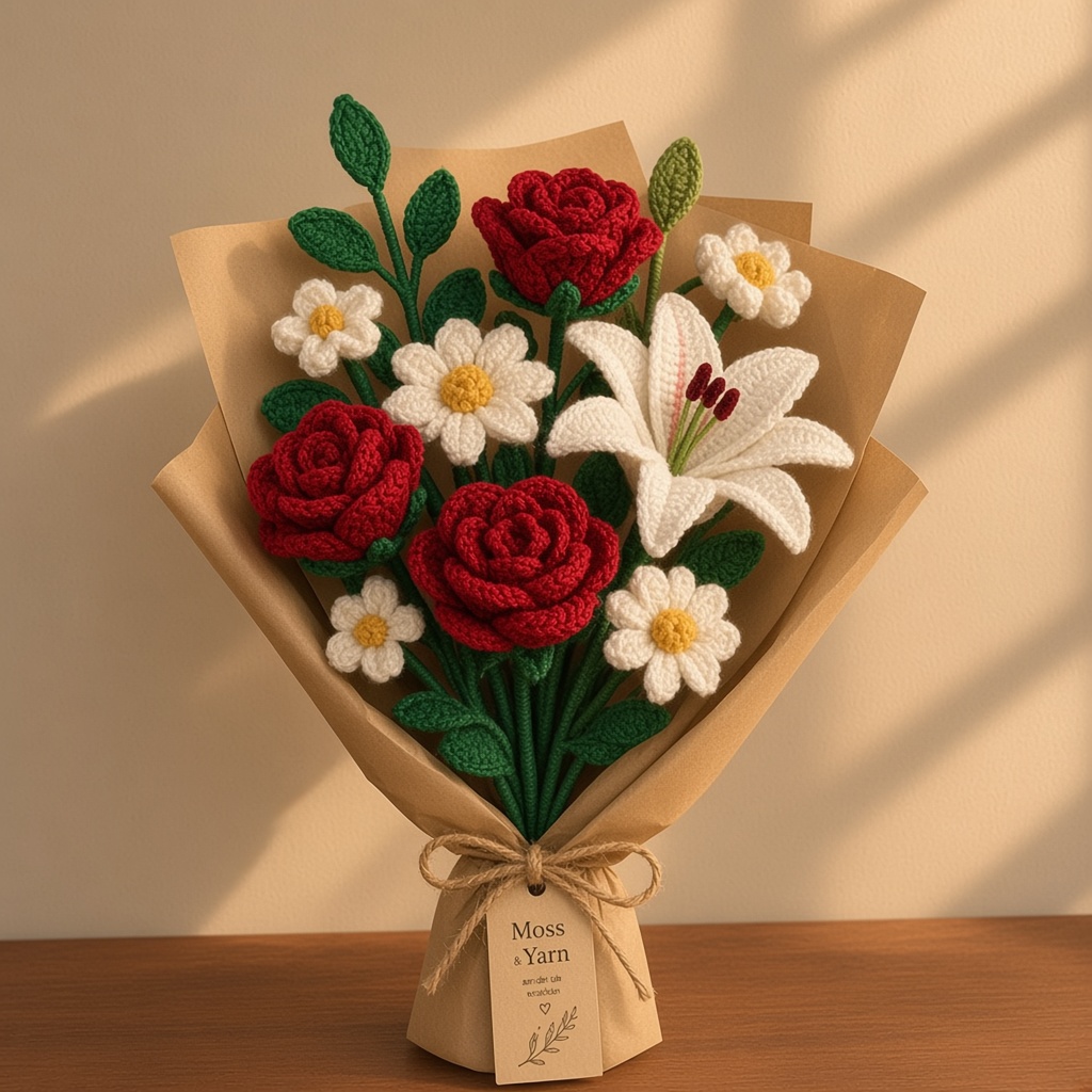 Handmade crochet Scarlet & Snow Bouquet by Moss & Yarn, Bhubaneswar