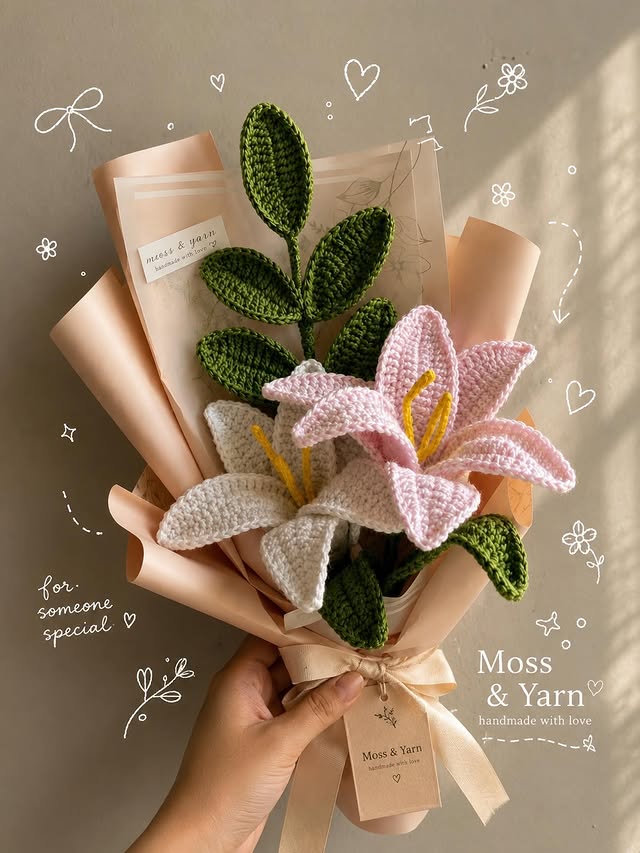 Handmade crochet Lily & Tulips Bouquet by Moss & Yarn, Bhubaneswar