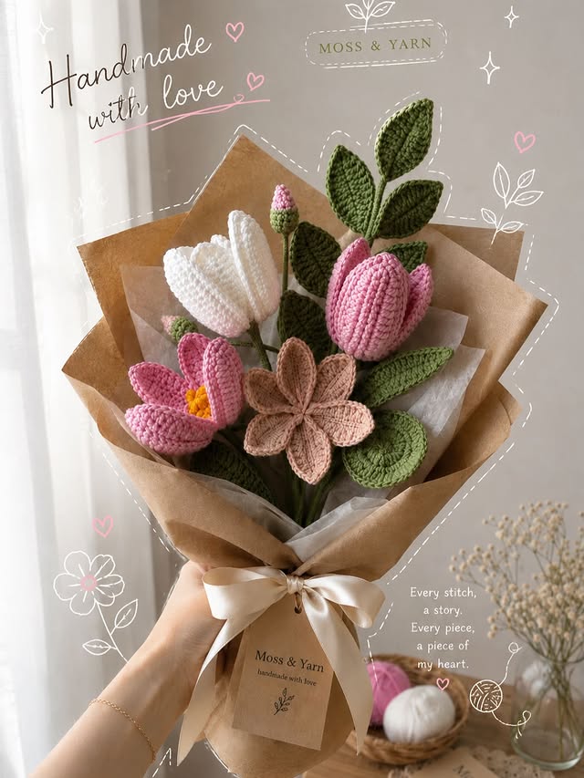 Handmade crochet flowers in pink, white and yellow, Moss & Yarn, Bhubaneswar
